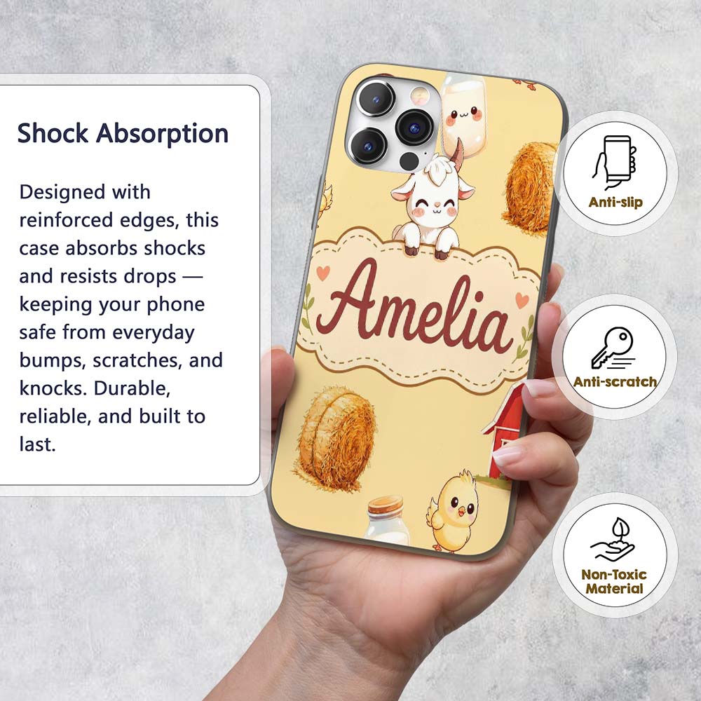 Cute Farm Goat Barn Hay Bale Chick Milk Bucket Custom Name Protective Phone Case Mobile Cover Durable Everyday Smartphone Shock Resistant