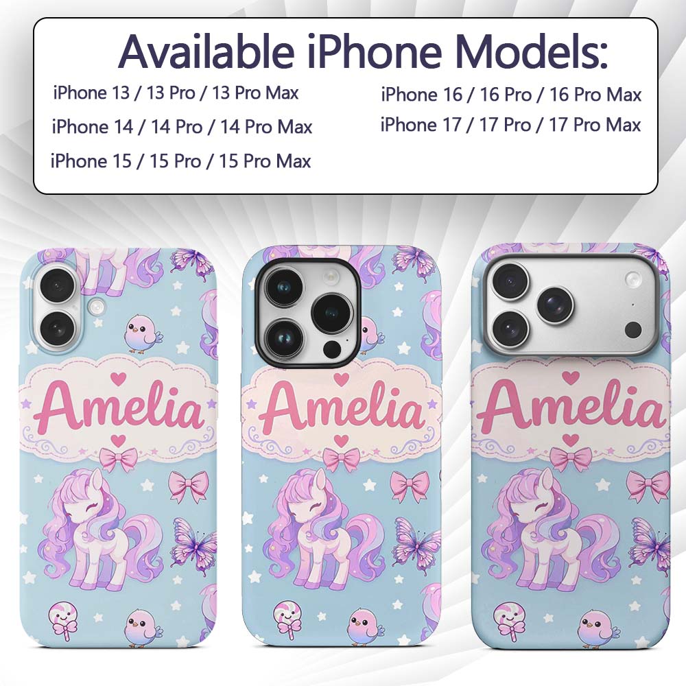 Cute Pastel Unicorn Butterfly Candy Stars Blue Custom Name Protective Phone Case Mobile Cover Durable Everyday Smartphone Shock Resistant