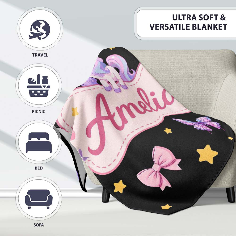 Cute Pastel Unicorn Butterfly Candy Stars Black Background Seamless Personalised Custom Name Super Soft Fleece Blanket Bed Sofa Throw