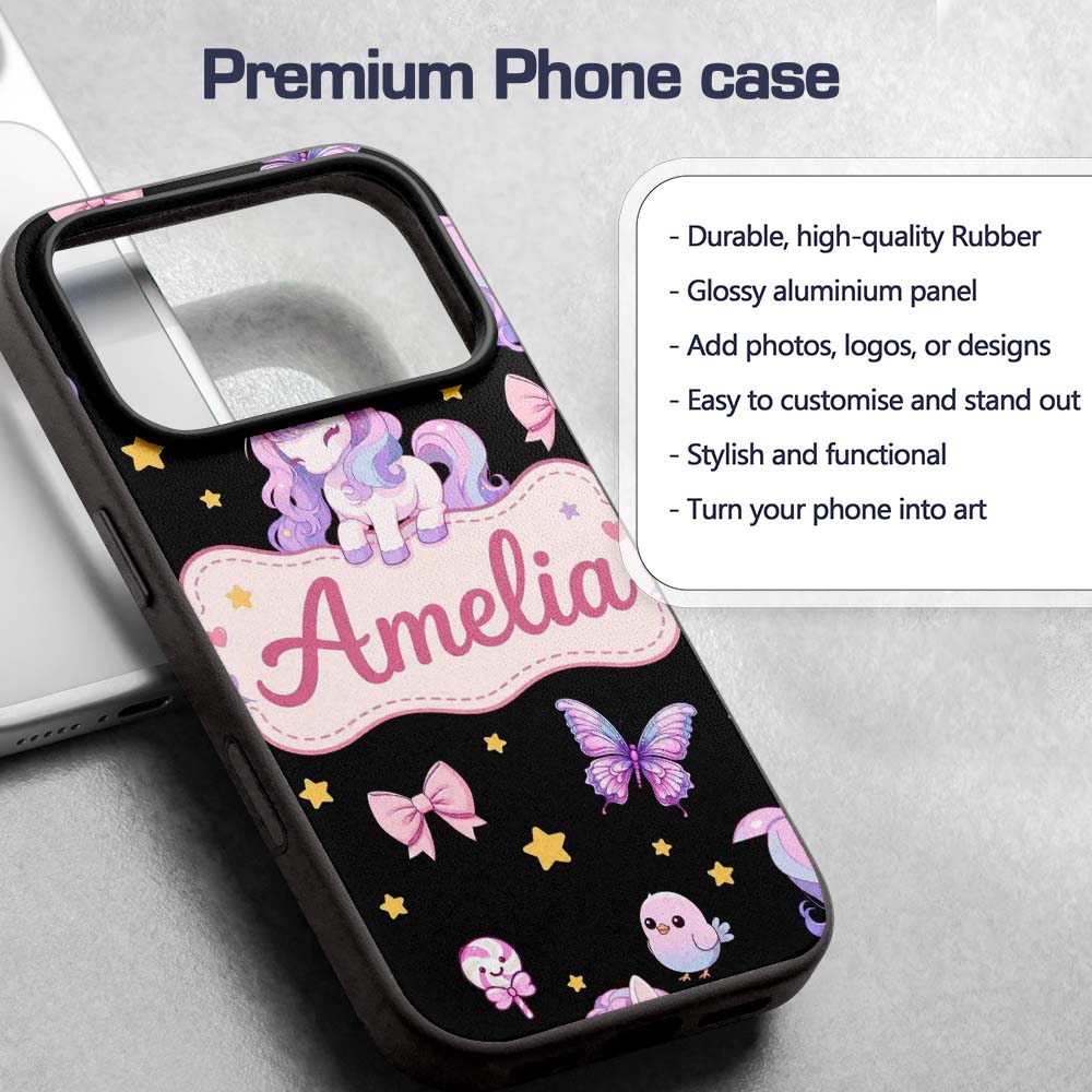 Cute Pastel Unicorn Butterfly Candy Stars Black Custom Name Protective Phone Case Mobile Cover Durable Everyday Smartphone Shock Resistant