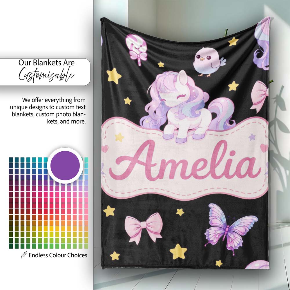 Cute Pastel Unicorn Butterfly Candy Stars Black Background Seamless Personalised Custom Name Super Soft Fleece Blanket Bed Sofa Throw