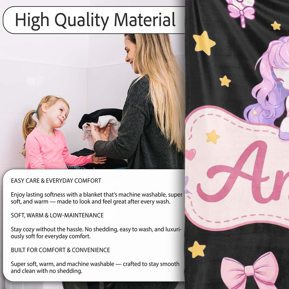 Cute Pastel Unicorn Butterfly Candy Stars Black Background Seamless Personalised Custom Name Super Soft Fleece Blanket Bed Sofa Throw