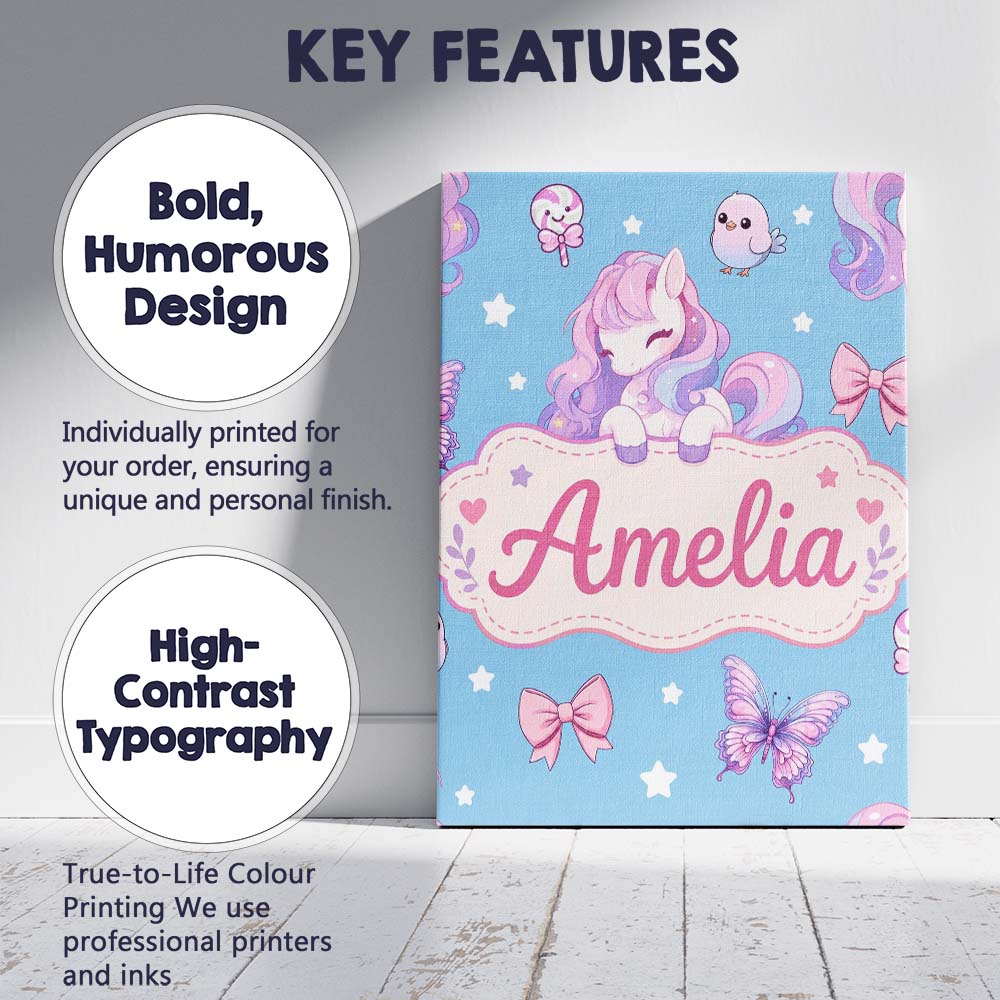 Personalised Name Cute Pastel Unicorn Custom Modern Room Accent Creative Decorator Style Canvas Wall Art Print Decor Picture Ready to Hang