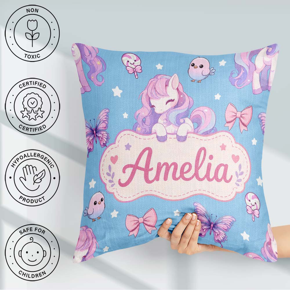 Custom Name Pastel Unicorn Butterfly Candy Stars Blue Background Square Filled Cushion Throw Pillow Sofa Bed Home Decor Zip Washable UK Made