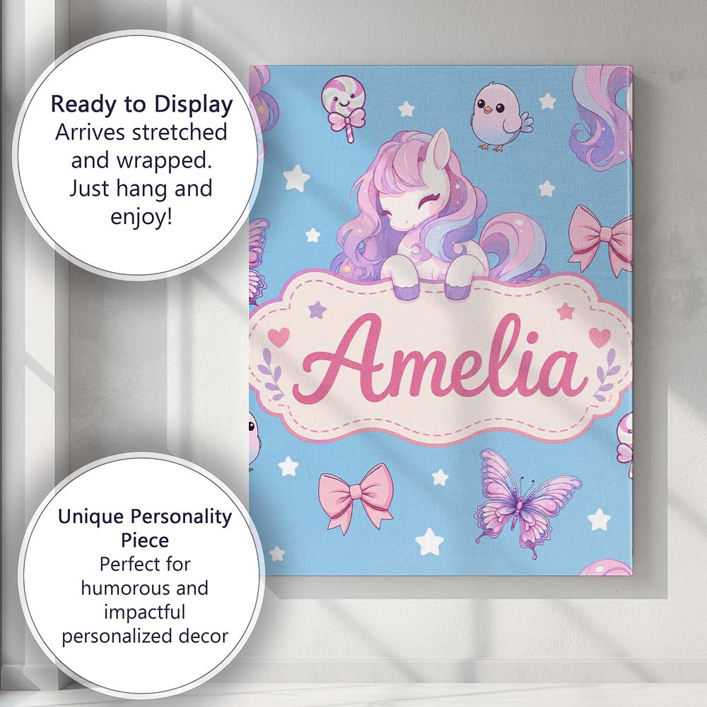 Personalised Name Cute Pastel Unicorn Custom Modern Room Accent Creative Decorator Style Canvas Wall Art Print Decor Picture Ready to Hang