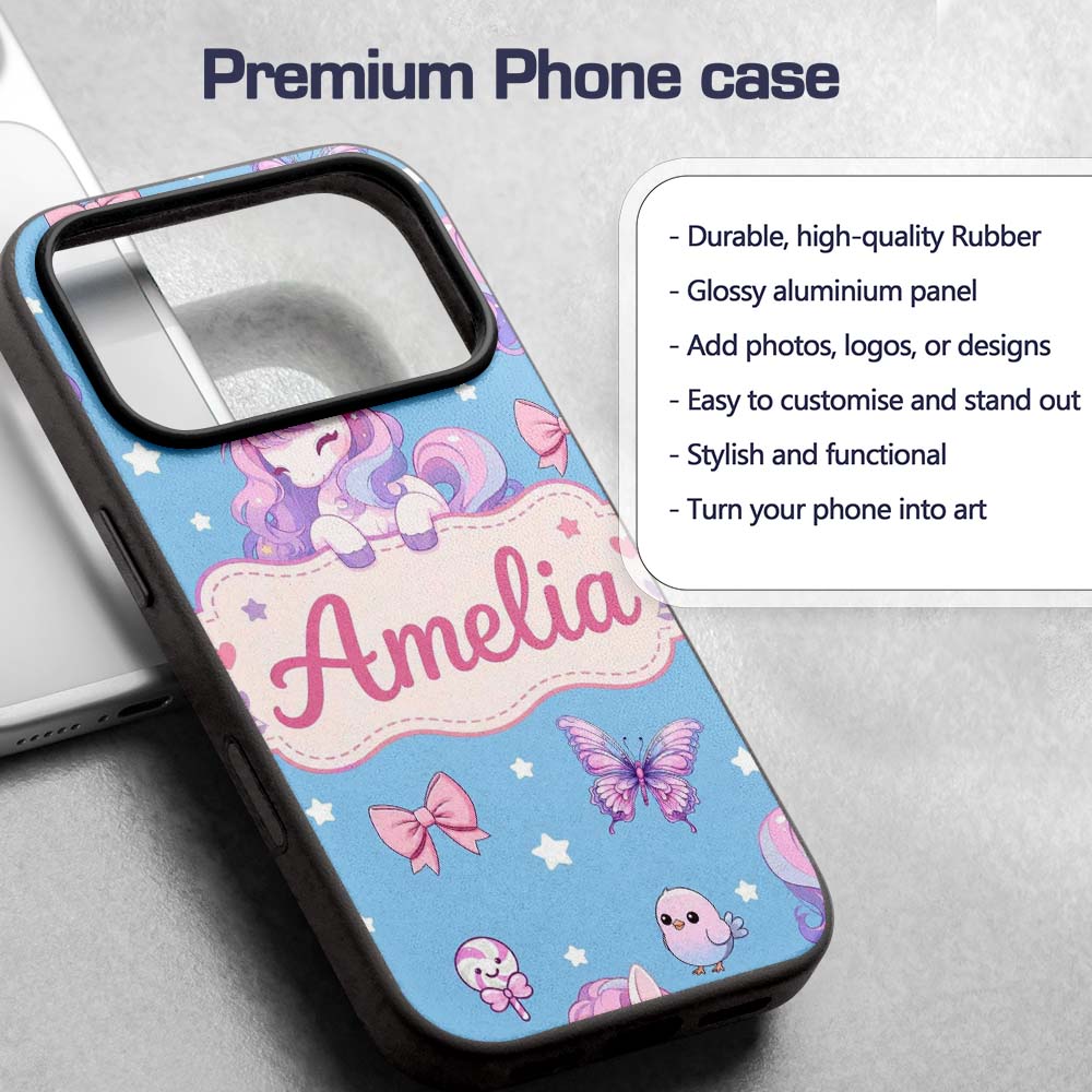 Cute Pastel Unicorn Butterfly Candy Stars Blue Custom Name Protective Phone Case Mobile Cover Durable Everyday Smartphone Shock Resistant