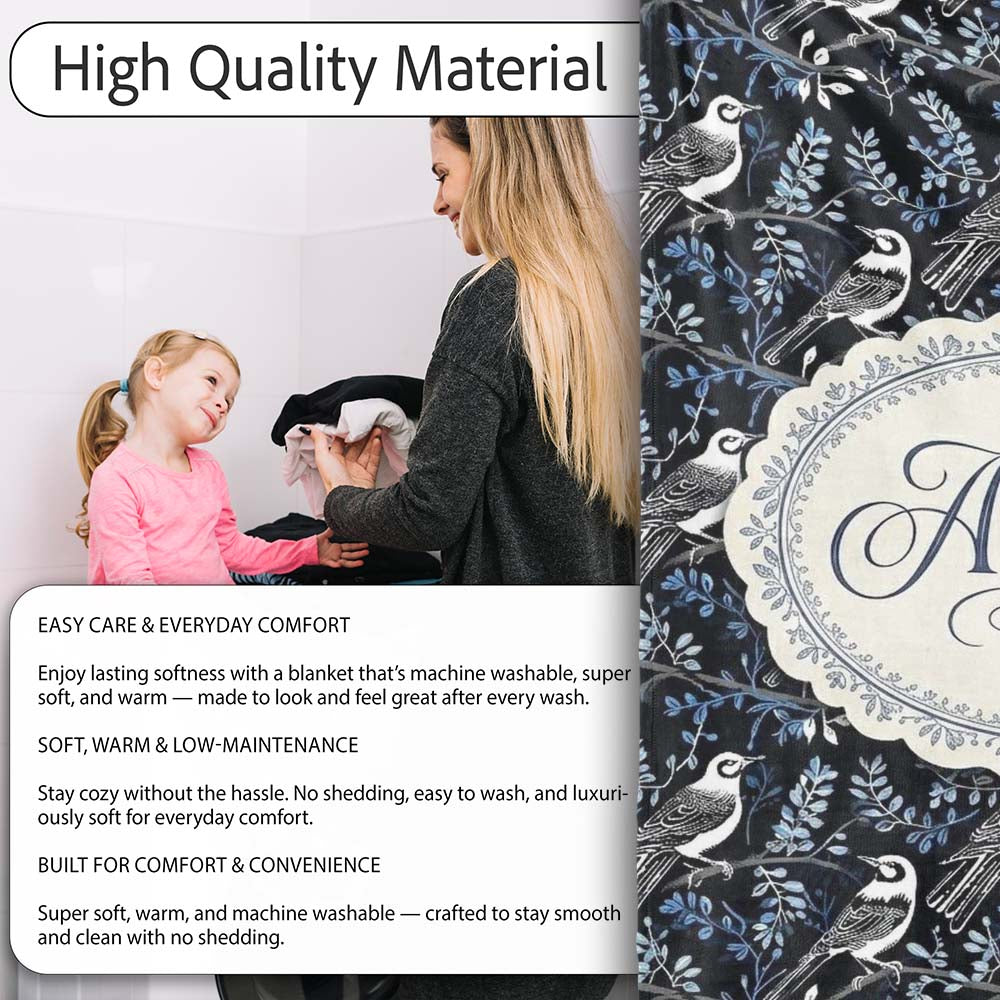 Monochrome Bird Branch Leaf Seamless Pattern Black Blue Elegant Personalised Custom Name Super Soft Fleece Blanket Bed Sofa Throw