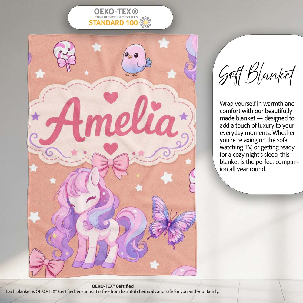 Cute Pastel Unicorn Butterfly Candy Stars Peach Background Seamless Personalised Custom Name Super Soft Fleece Blanket Bed Sofa Throw