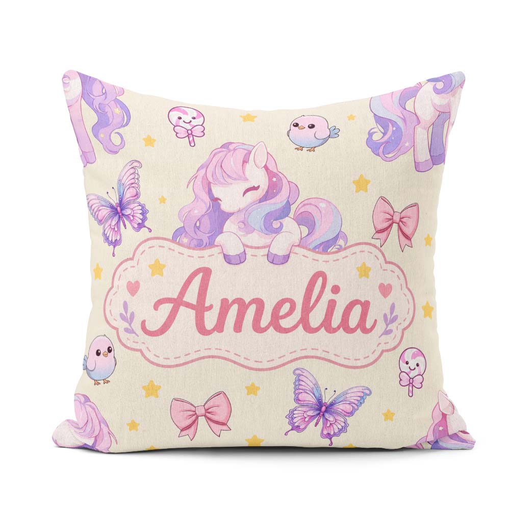 Custom Name Pastel Unicorn Candy Stars Cream Background Seamless Square Filled Cushion Throw Pillow Sofa Bed Home Decor Zip Washable UK Made