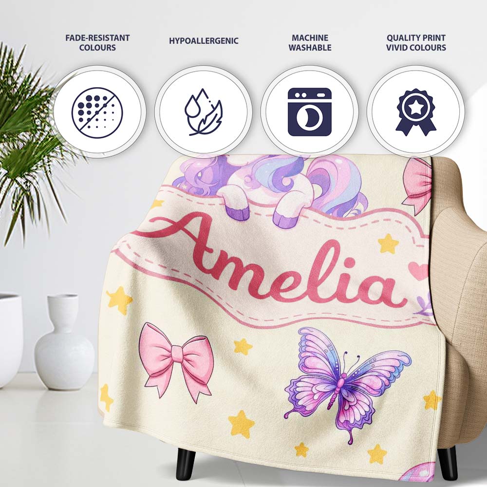 Cute Pastel Unicorn Butterfly Candy Stars Cream Background Seamless Personalised Custom Name Super Soft Fleece Blanket Bed Sofa Throw