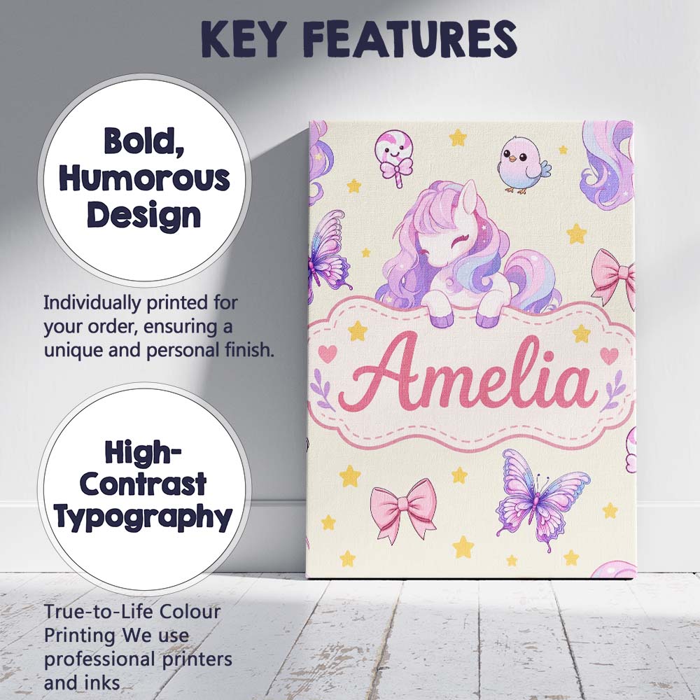Personalised Name Cute Pastel Unicorn Custom Modern Room Accent Creative Decorator Style Canvas Wall Art Print Decor Picture Ready to Hang