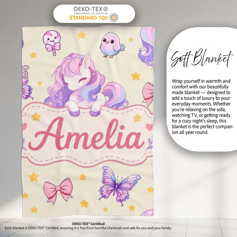 Cute Pastel Unicorn Butterfly Candy Stars Cream Background Seamless Personalised Custom Name Super Soft Fleece Blanket Bed Sofa Throw