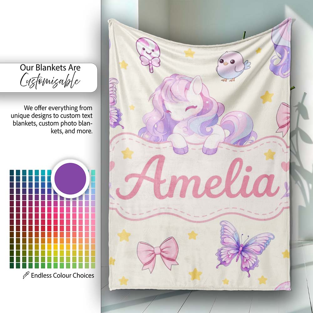 Cute Pastel Unicorn Butterfly Candy Stars Cream Background Seamless Personalised Custom Name Super Soft Fleece Blanket Bed Sofa Throw