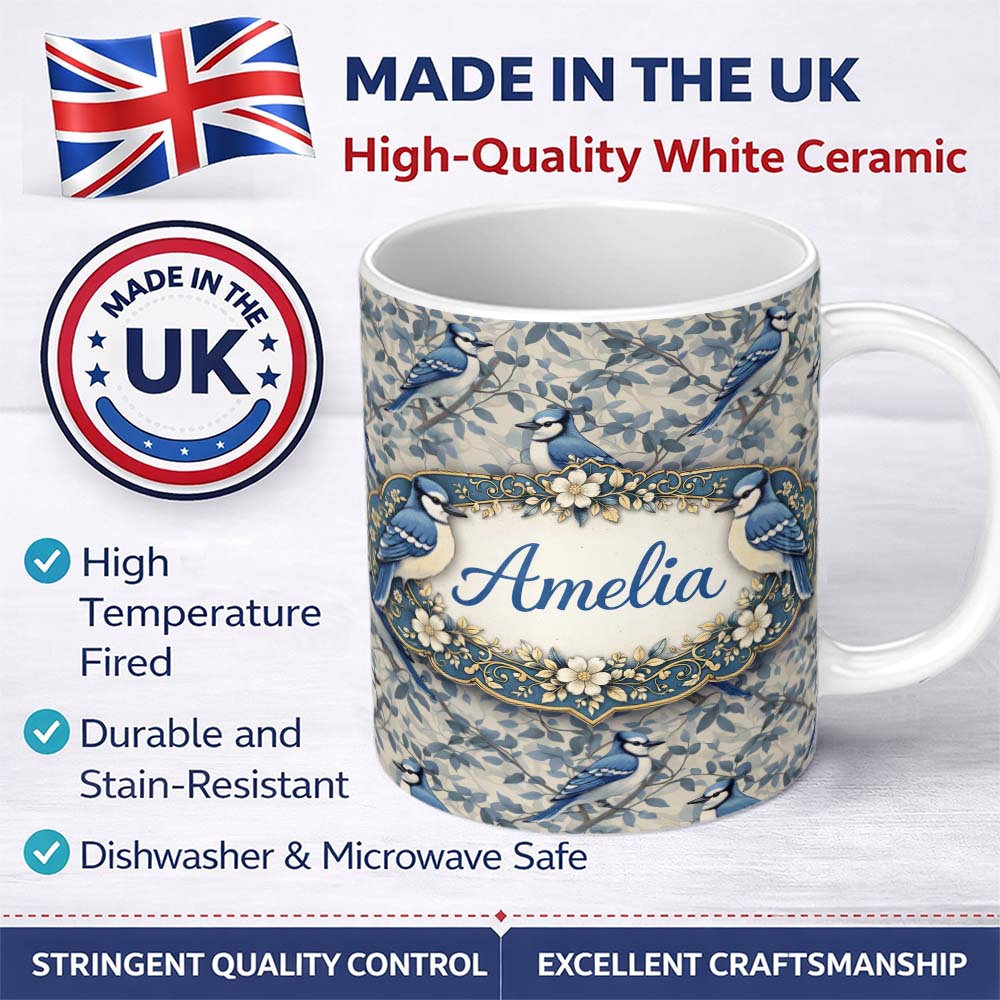 Personalized Custom Name Blue Jay Bird Neutral Botanical Leaf Classic Nature Textile Design 11oz Ceramic Coffee Tea Mug White Large Handle