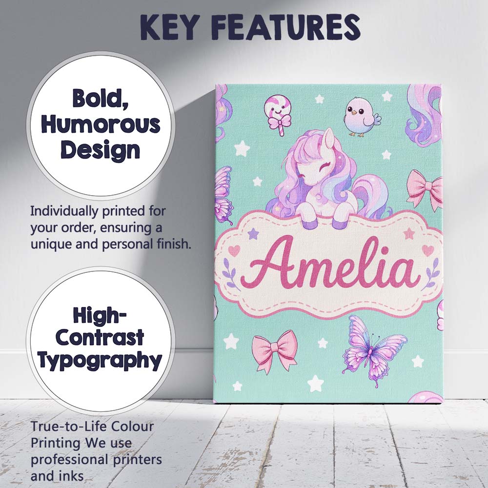 Personalised Name Cute Pastel Unicorn Custom Modern Room Accent Creative Decorator Style Canvas Wall Art Print Decor Picture Ready to Hang