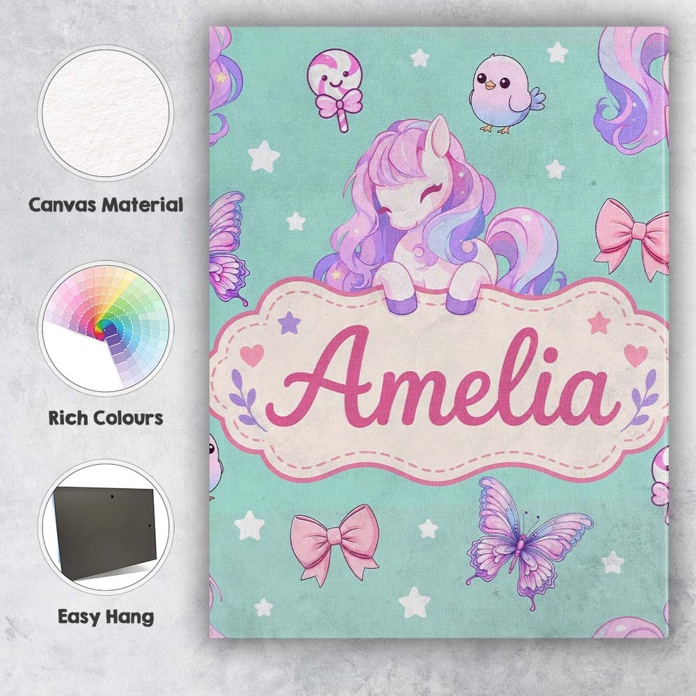 Personalised Name Cute Pastel Unicorn Custom Modern Room Accent Creative Decorator Style Canvas Wall Art Print Decor Picture Ready to Hang
