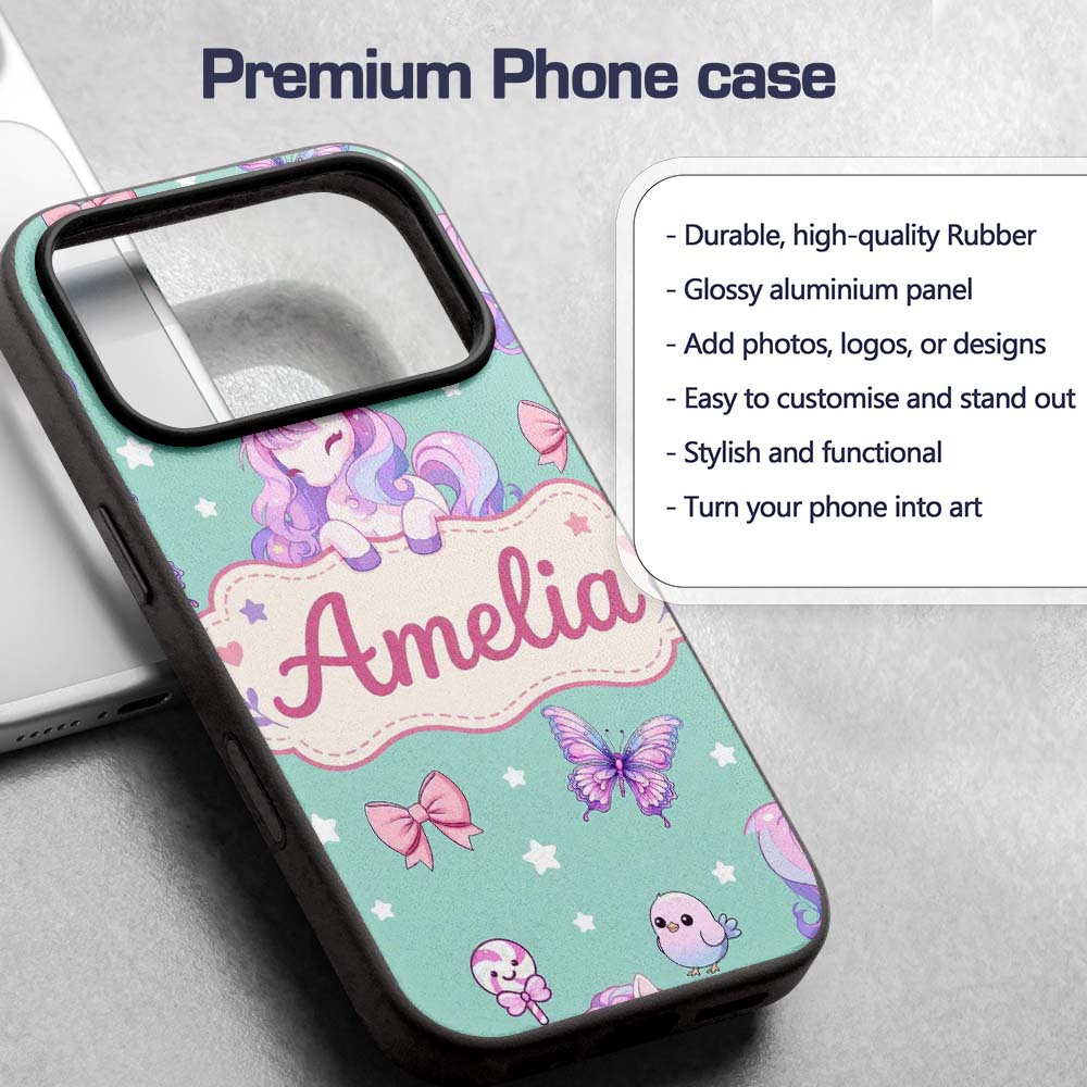 Cute Pastel Unicorn Butterfly Candy Stars Mint Custom Name Protective Phone Case Mobile Cover Durable Everyday Smartphone Shock Resistant