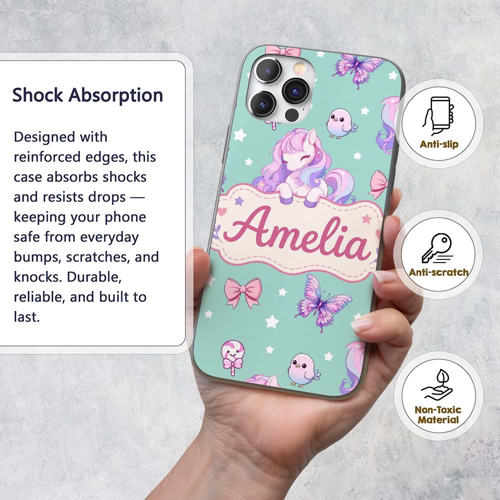 Cute Pastel Unicorn Butterfly Candy Stars Mint Custom Name Protective Phone Case Mobile Cover Durable Everyday Smartphone Shock Resistant