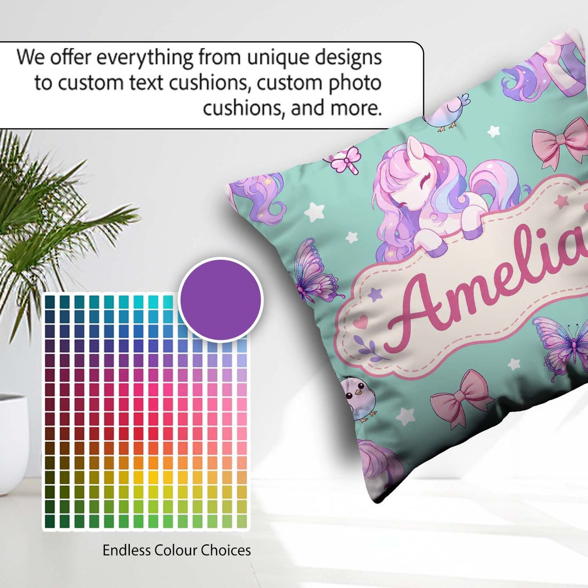 Custom Name Pastel Unicorn Butterfly Candy Stars Mint Background Square Filled Cushion Throw Pillow Sofa Bed Home Decor Zip Washable UK Made