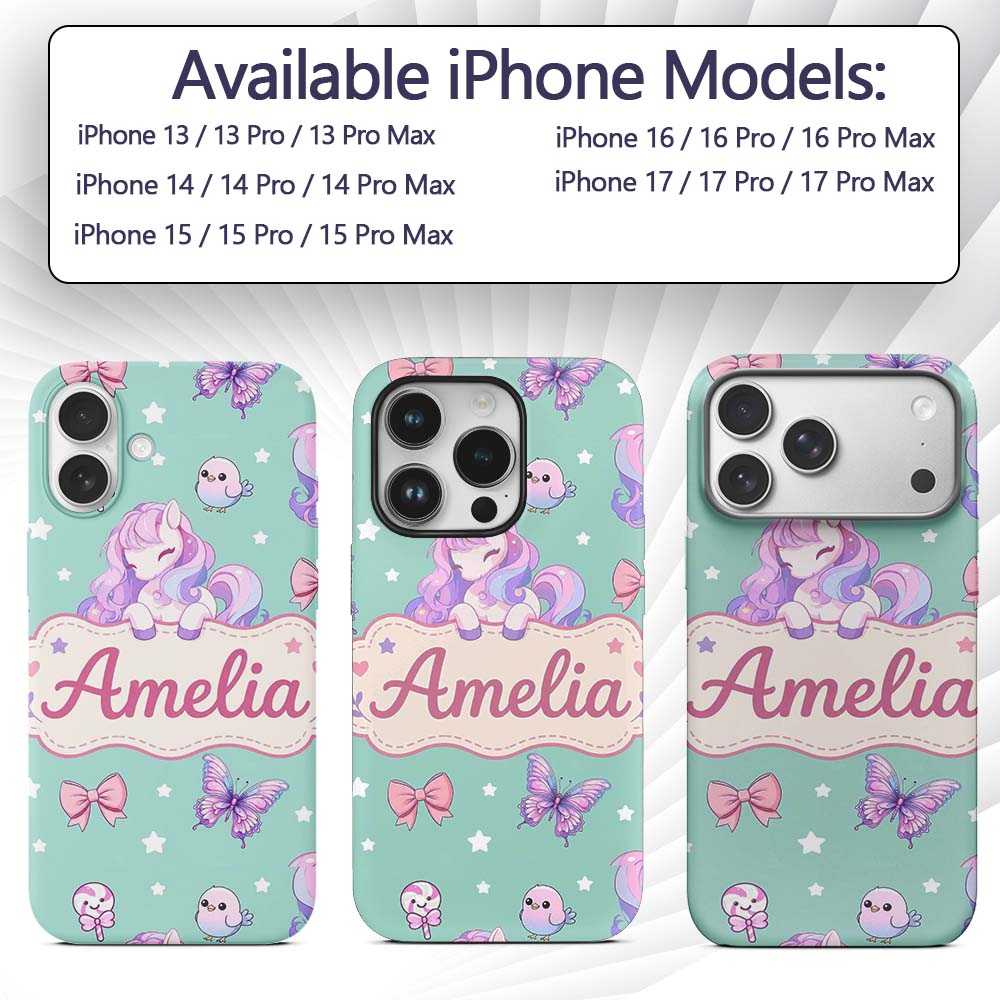 Cute Pastel Unicorn Butterfly Candy Stars Mint Custom Name Protective Phone Case Mobile Cover Durable Everyday Smartphone Shock Resistant