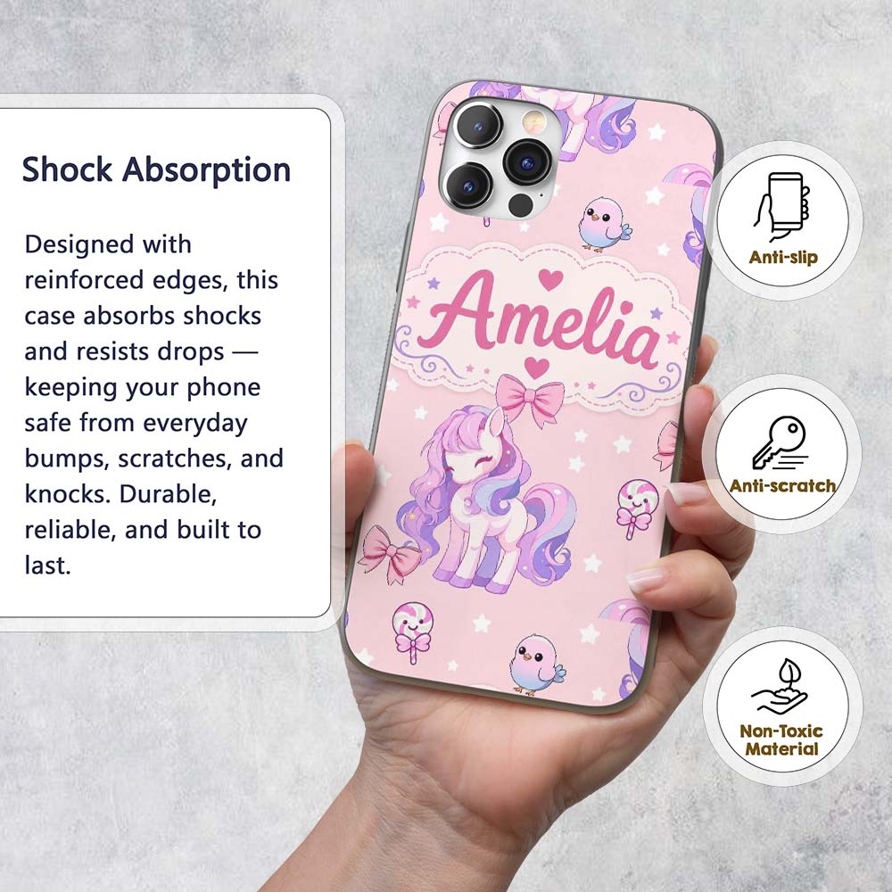 Cute Pastel Unicorn Butterfly Candy Stars Blush Custom Name Protective Phone Case Mobile Cover Durable Everyday Smartphone Shock Resistant