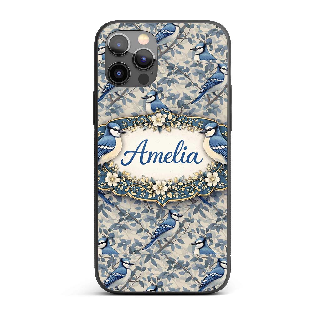Blue Jay Bird Neutral Botanical Leaf Classic Custom Name Protective Phone Case Mobile Cover Durable Everyday Smartphone Shock Resistant