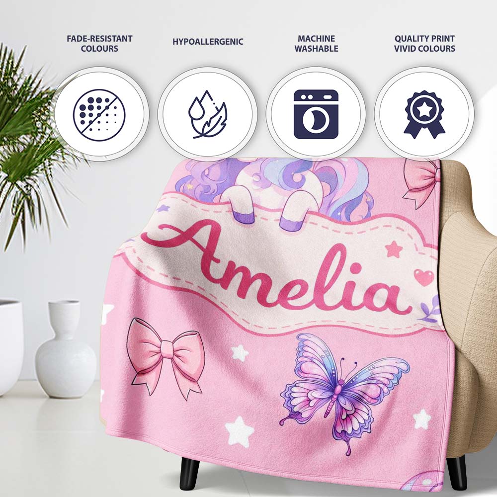 Cute Pastel Unicorn Butterfly Candy Stars Rose Pink Background Personalised Custom Name Super Soft Fleece Blanket Bed Sofa Throw