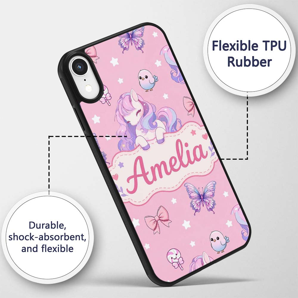 Cute Pastel Unicorn Butterfly Candy Stars Rose Custom Name Protective Phone Case Mobile Cover Durable Everyday Smartphone Shock Resistant