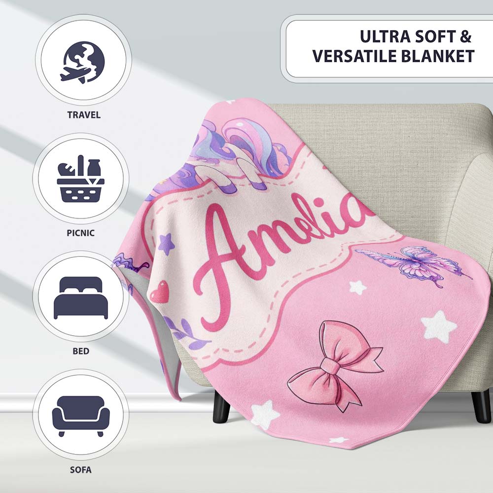Cute Pastel Unicorn Butterfly Candy Stars Rose Pink Background Personalised Custom Name Super Soft Fleece Blanket Bed Sofa Throw