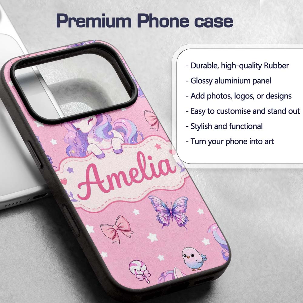 Cute Pastel Unicorn Butterfly Candy Stars Rose Custom Name Protective Phone Case Mobile Cover Durable Everyday Smartphone Shock Resistant