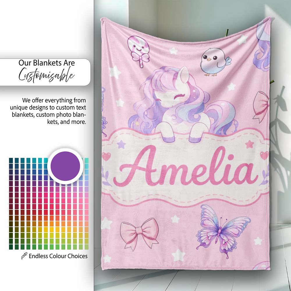 Cute Pastel Unicorn Butterfly Candy Stars Rose Pink Background Personalised Custom Name Super Soft Fleece Blanket Bed Sofa Throw