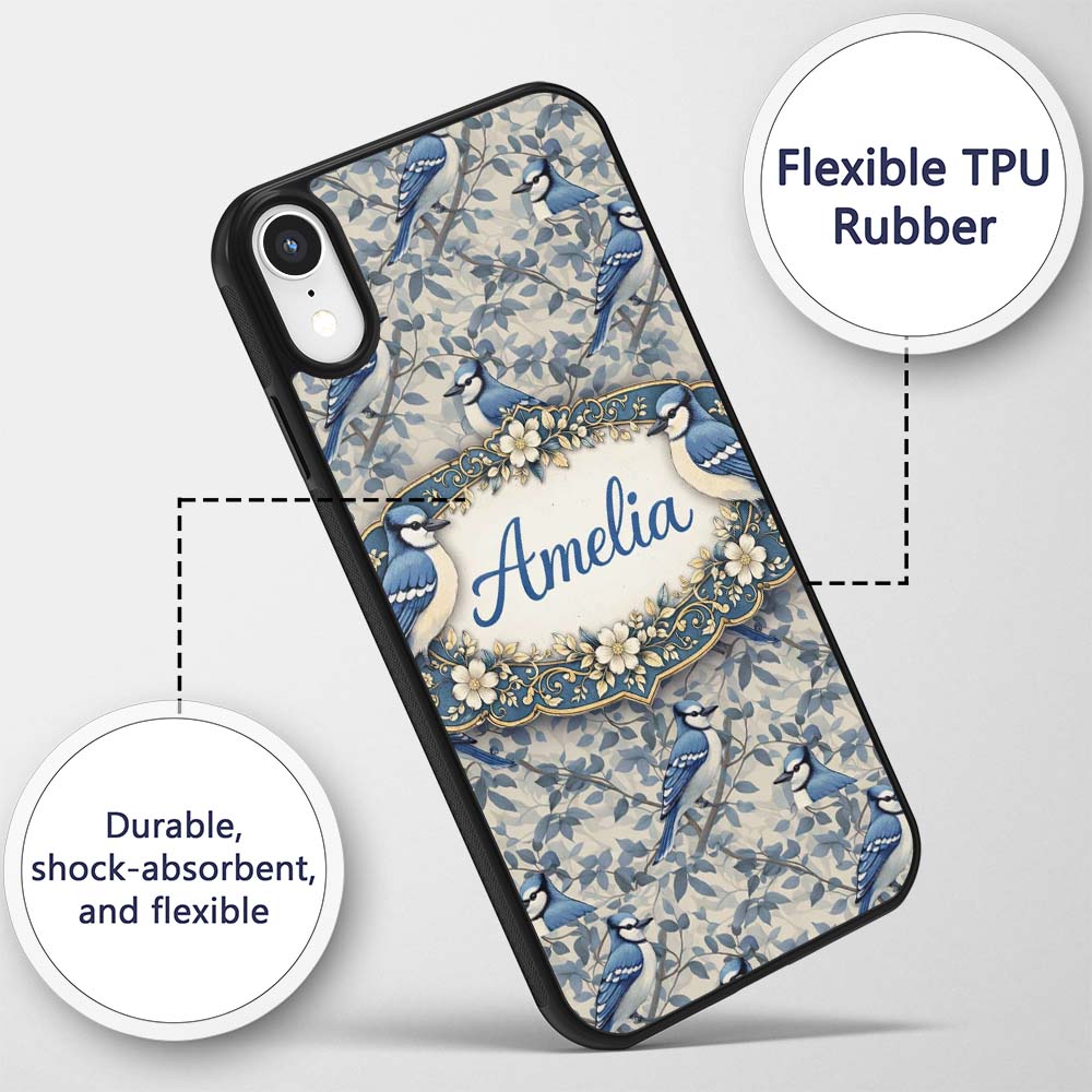 Blue Jay Bird Neutral Botanical Leaf Classic Custom Name Protective Phone Case Mobile Cover Durable Everyday Smartphone Shock Resistant