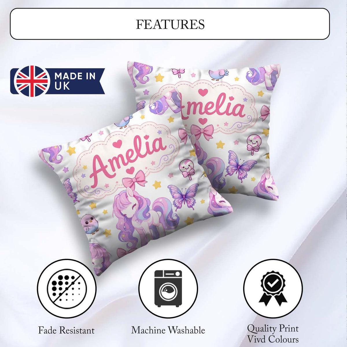 Custom Name Cute Pastel Unicorn Butterfly Candy Stars Light Grey Square Filled Cushion Throw Pillow Sofa Bed Home Decor Zip Washable UK Made