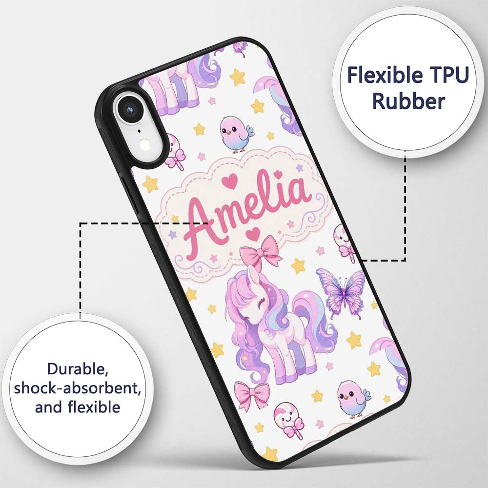 Cute Pastel Unicorn Butterfly Candy Stars Light Custom Name Protective Phone Case Mobile Cover Durable Everyday Smartphone Shock Resistant