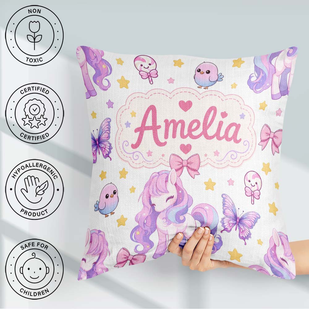 Custom Name Cute Pastel Unicorn Butterfly Candy Stars Light Grey Square Filled Cushion Throw Pillow Sofa Bed Home Decor Zip Washable UK Made