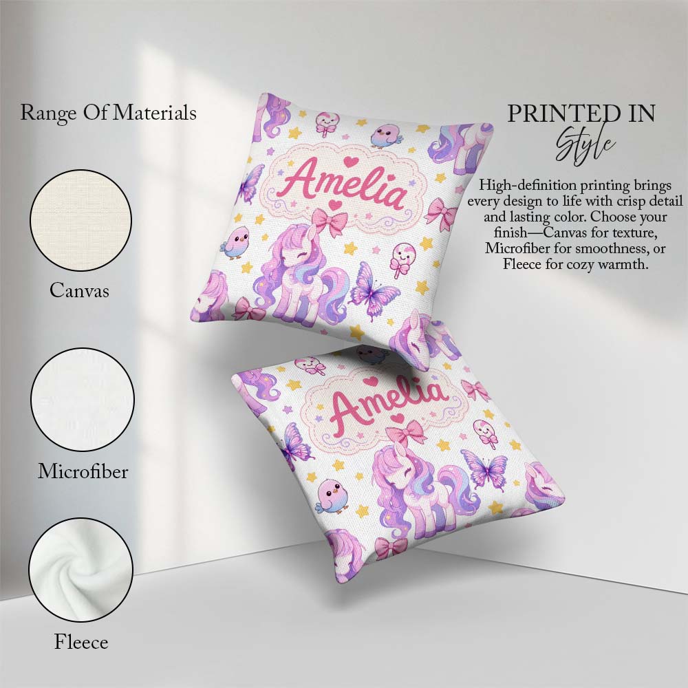 Custom Name Cute Pastel Unicorn Butterfly Candy Stars Light Grey Square Filled Cushion Throw Pillow Sofa Bed Home Decor Zip Washable UK Made
