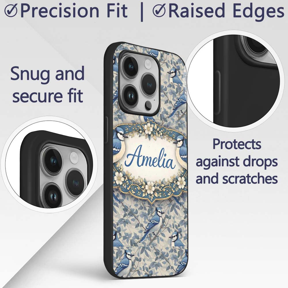 Blue Jay Bird Neutral Botanical Leaf Classic Custom Name Protective Phone Case Mobile Cover Durable Everyday Smartphone Shock Resistant