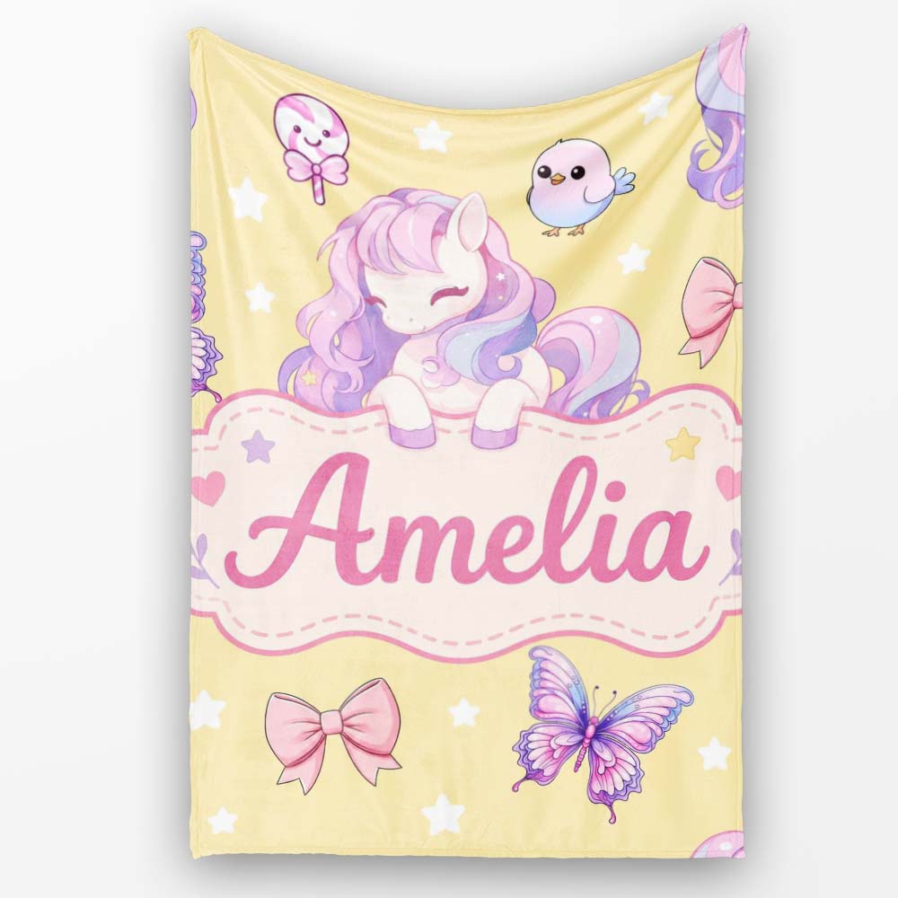 Cute Pastel Unicorn Butterfly Candy Stars Yellow Background Seamless Personalised Custom Name Super Soft Fleece Blanket Bed Sofa Throw