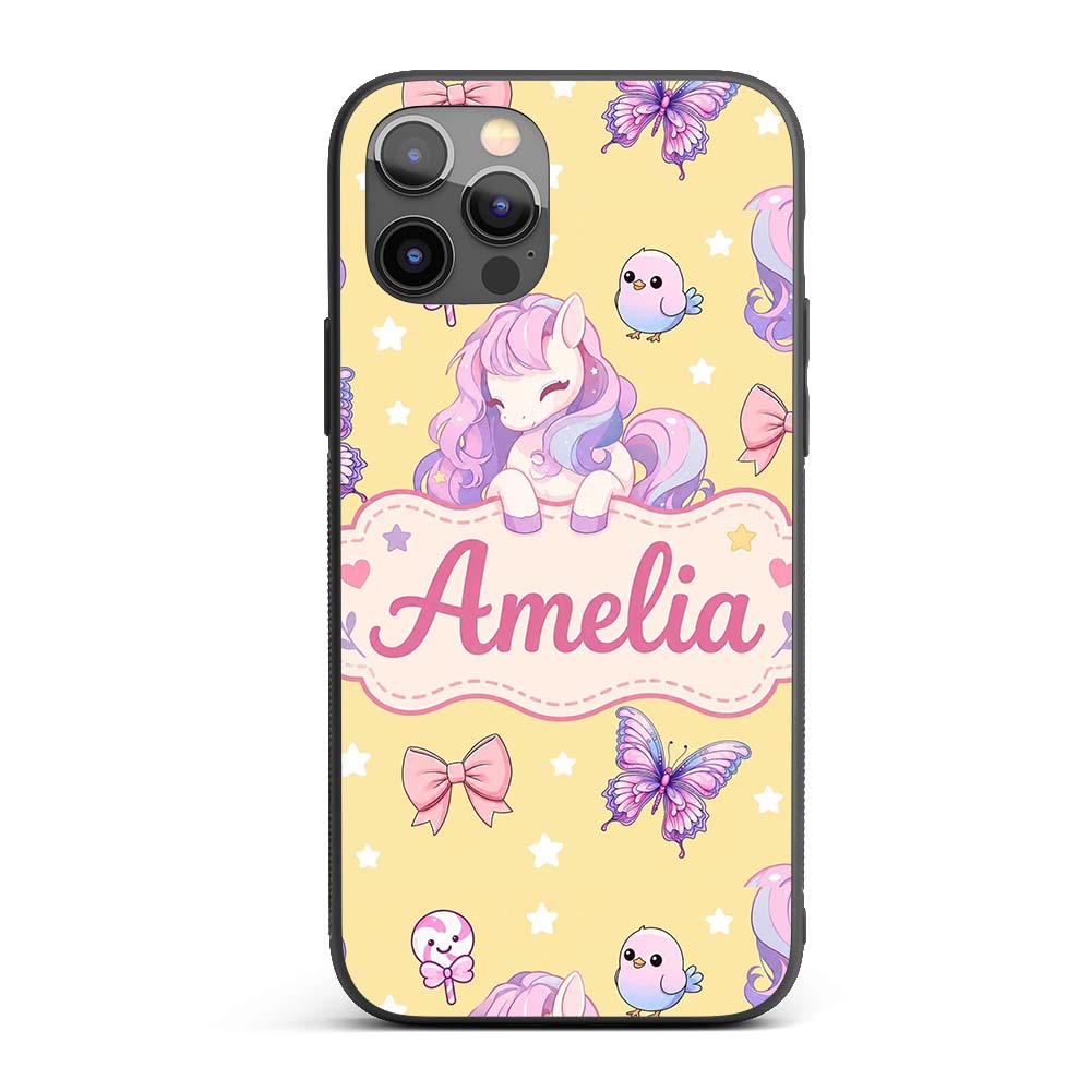Cute Pastel Unicorn Butterfly Candy Stars Yellow Custom Name Protective Phone Case Mobile Cover Durable Everyday Smartphone Shock Resistant