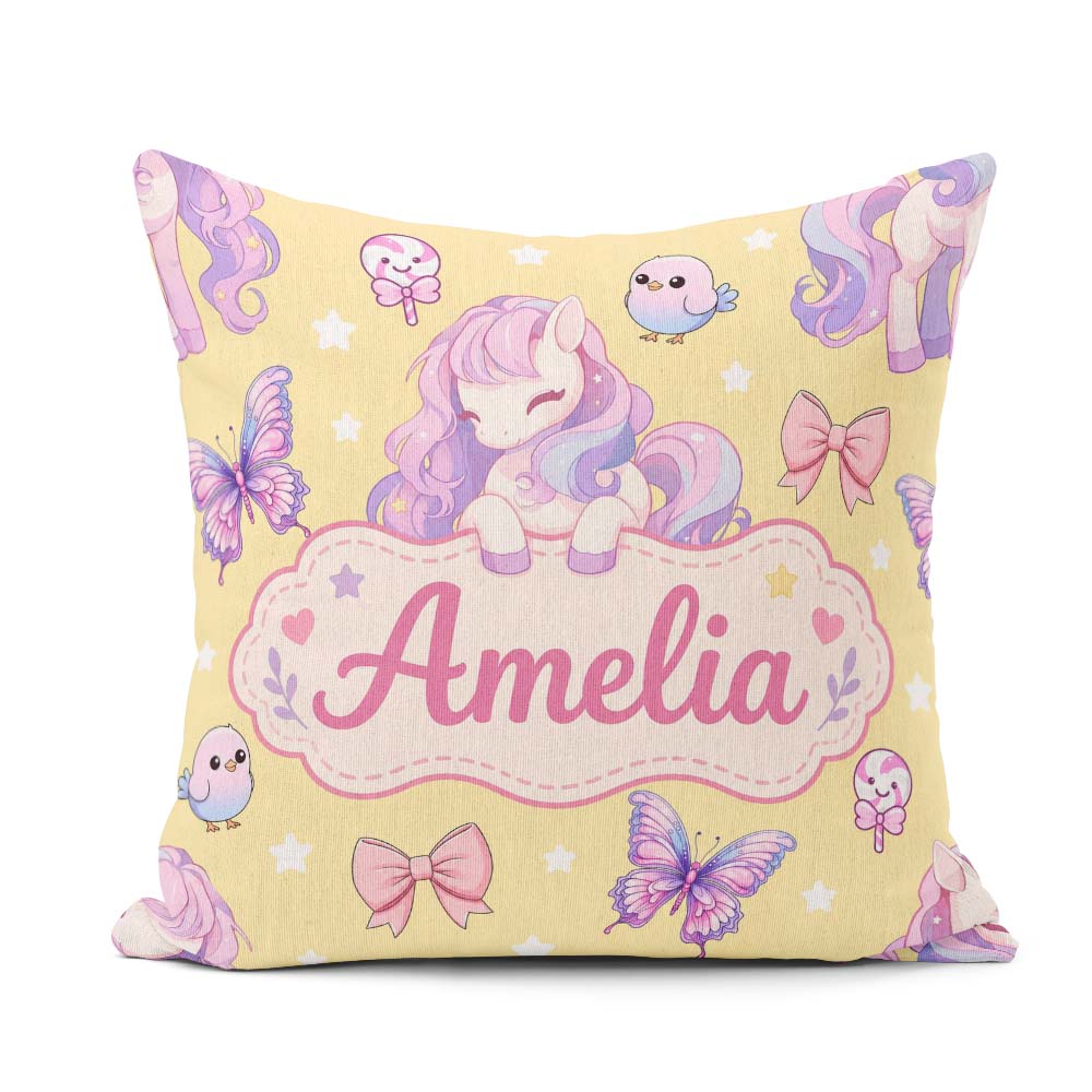 Custom Name Pastel Unicorn Butterfly Candy Stars Yellow Seamless Square Filled Cushion Throw Pillow Sofa Bed Home Decor Zip Washable UK Made