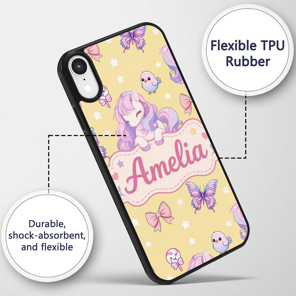 Cute Pastel Unicorn Butterfly Candy Stars Yellow Custom Name Protective Phone Case Mobile Cover Durable Everyday Smartphone Shock Resistant