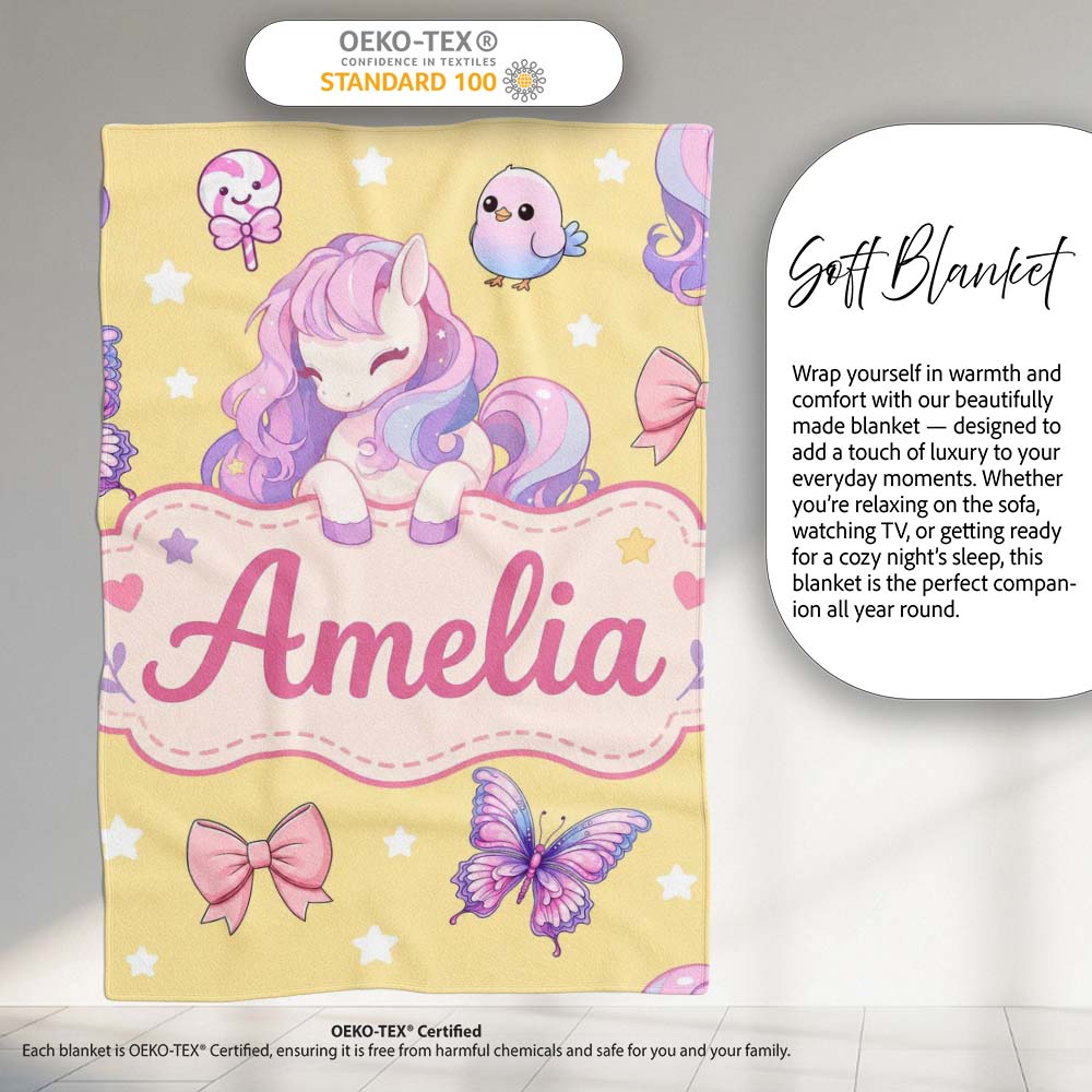 Cute Pastel Unicorn Butterfly Candy Stars Yellow Background Seamless Personalised Custom Name Super Soft Fleece Blanket Bed Sofa Throw