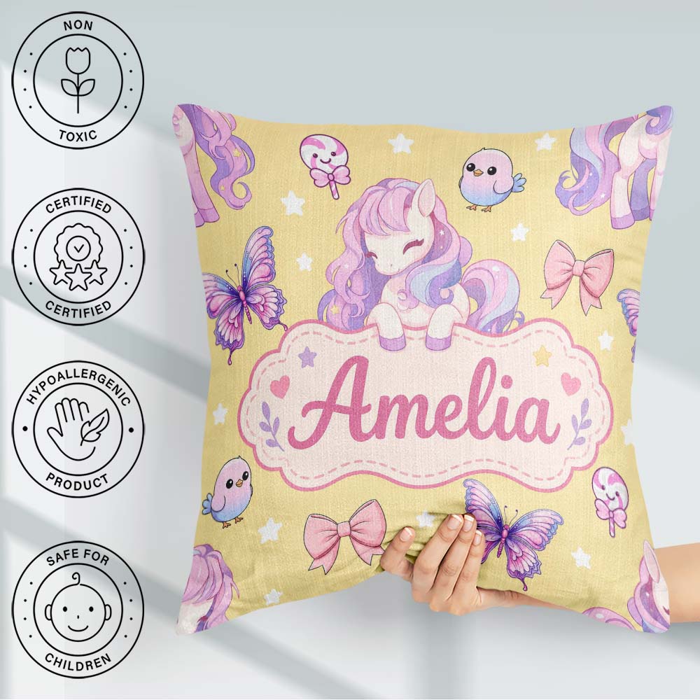 Custom Name Pastel Unicorn Butterfly Candy Stars Yellow Seamless Square Filled Cushion Throw Pillow Sofa Bed Home Decor Zip Washable UK Made