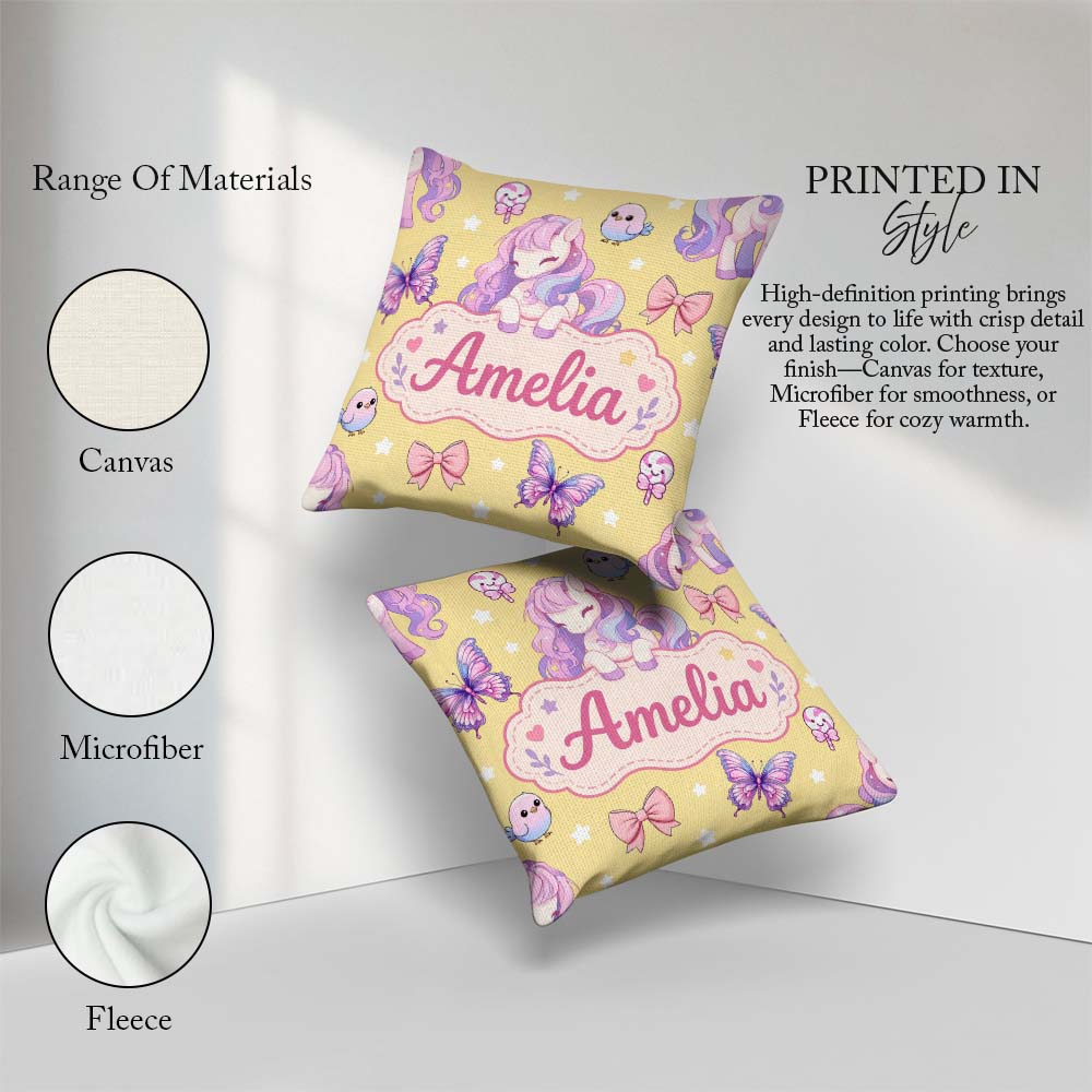 Custom Name Pastel Unicorn Butterfly Candy Stars Yellow Seamless Square Filled Cushion Throw Pillow Sofa Bed Home Decor Zip Washable UK Made
