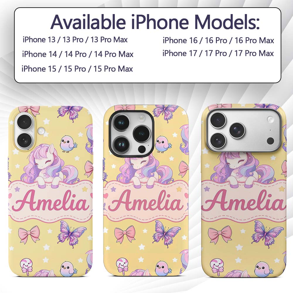 Cute Pastel Unicorn Butterfly Candy Stars Yellow Custom Name Protective Phone Case Mobile Cover Durable Everyday Smartphone Shock Resistant