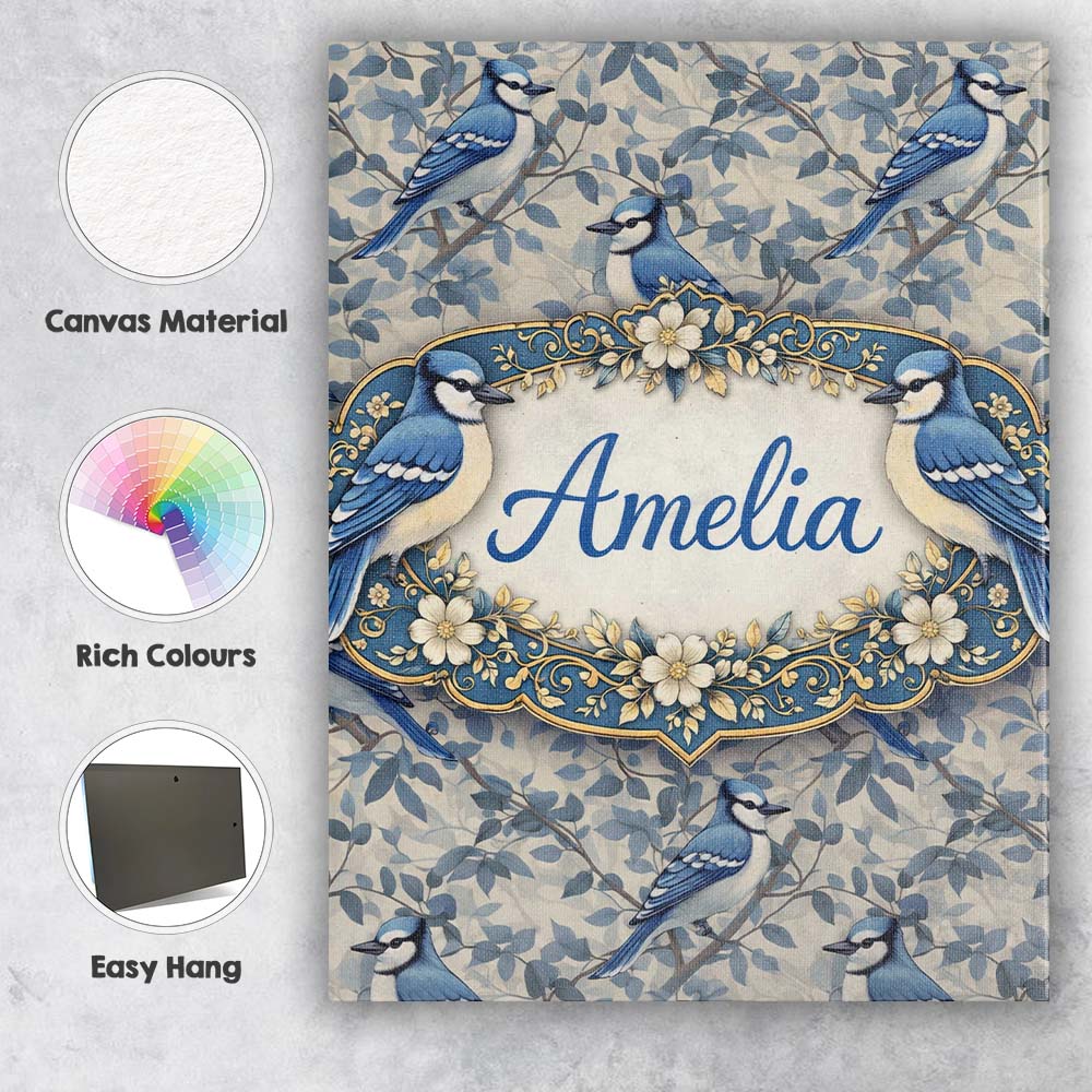Personalised Name Blue Jay Bird Neutral Botanical Leaf Classic Custom Modern Room Accent Canvas Wall Art Print Decor Picture Ready to Hang