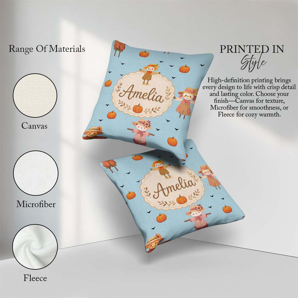 Custom Name Autumn Scarecrow Pumpkin Birds Seamless Pattern Blue Square Filled Cushion Throw Pillow Sofa Bed Home Decor Zip Washable UK Made