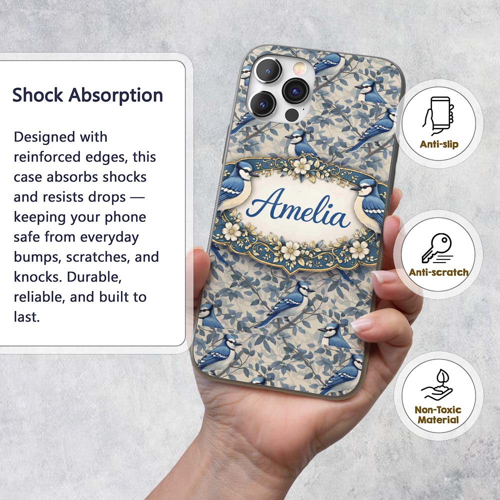Blue Jay Bird Neutral Botanical Leaf Classic Custom Name Protective Phone Case Mobile Cover Durable Everyday Smartphone Shock Resistant