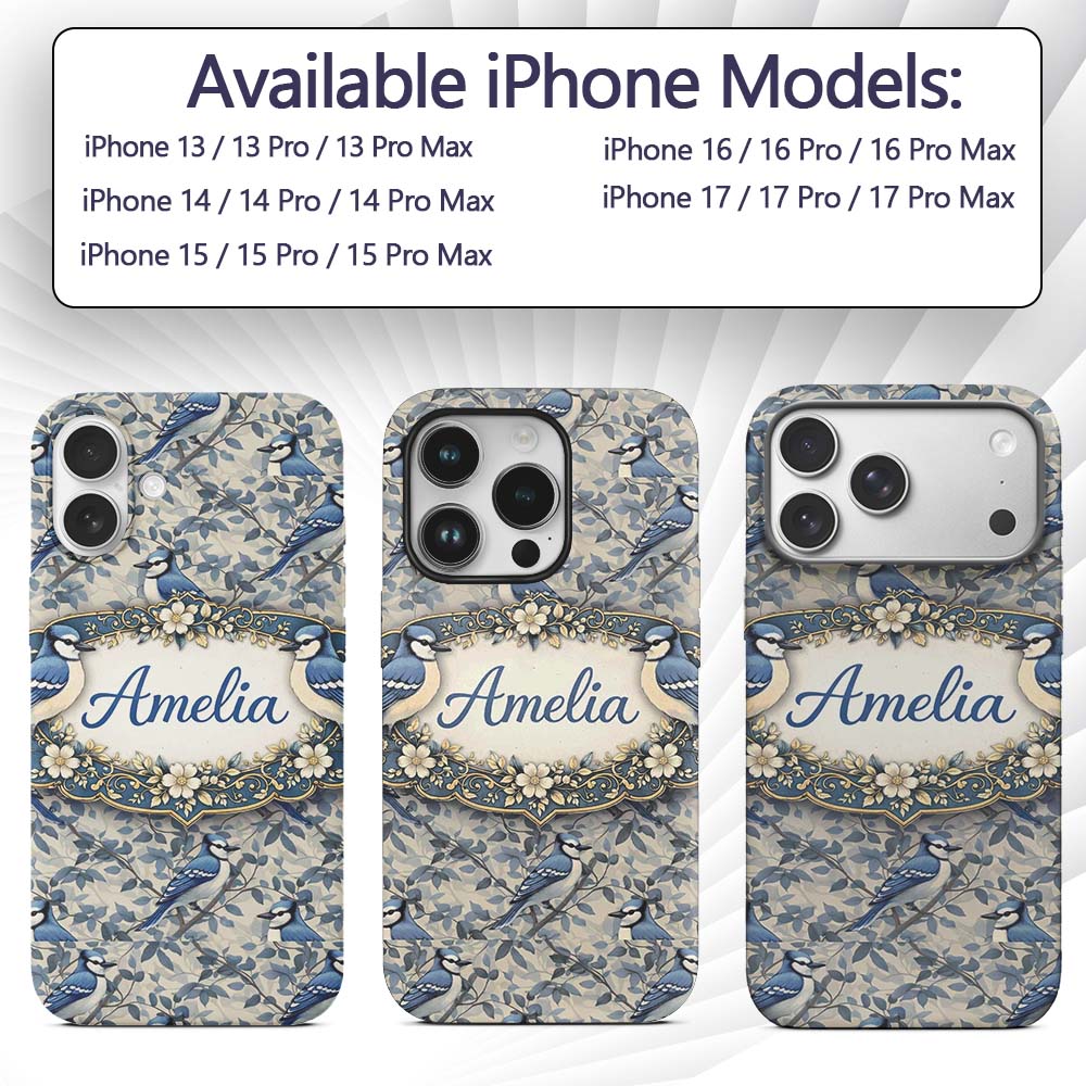 Blue Jay Bird Neutral Botanical Leaf Classic Custom Name Protective Phone Case Mobile Cover Durable Everyday Smartphone Shock Resistant