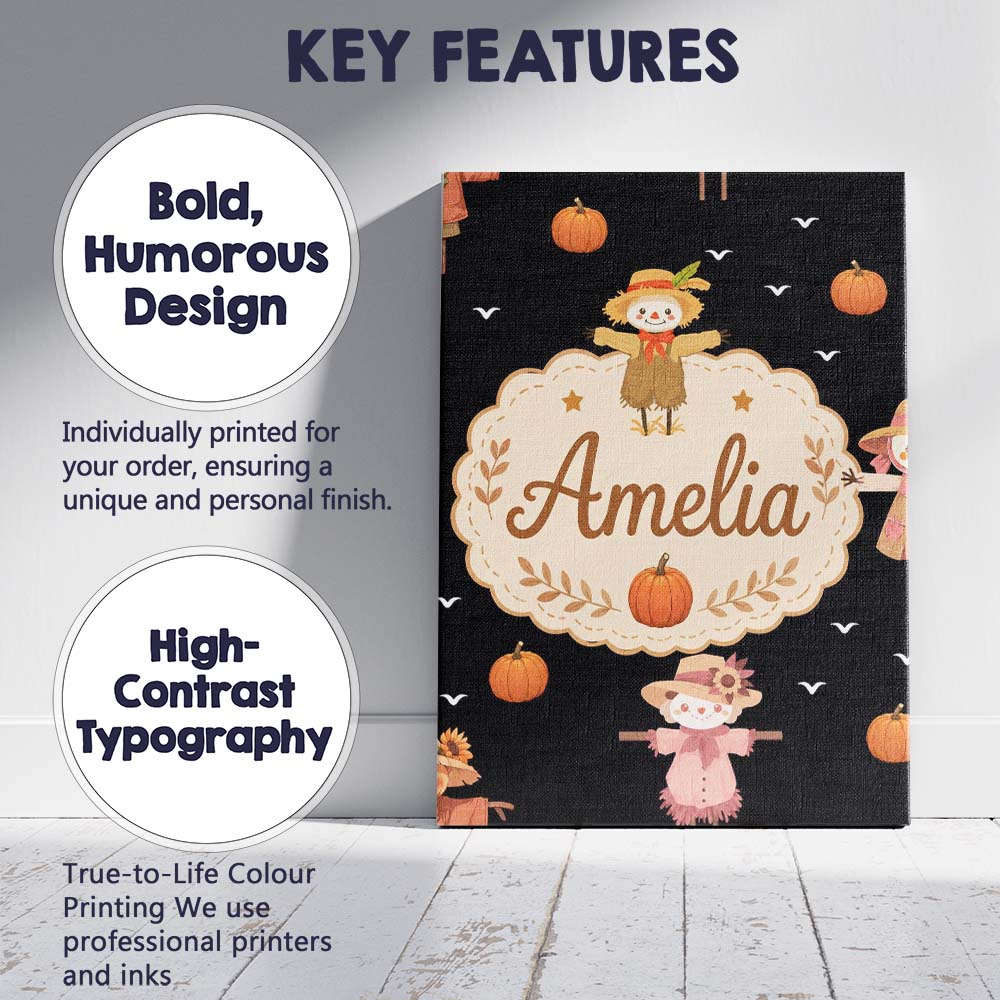 Personalised Name Cute Autumn Scarecrow Custom Modern Room Accent Elegant Feature Canvas Wall Art Print Decor Picture Ready to Hang